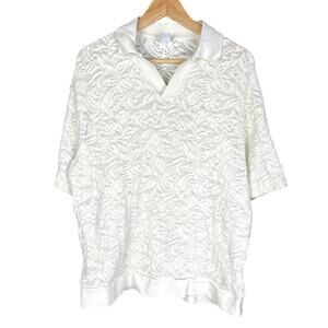Men's Zara Lace Knit Cream Johnny Collar Textured Polo Shirt - Size Large